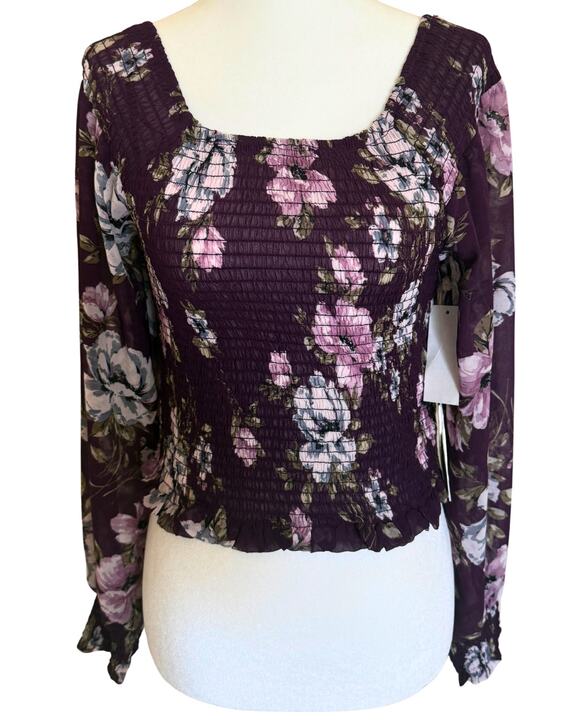Secret Charm Tops - Cottagecore NWT Purple Floral Smocked Top Women’s Small Long Sleeve Cropped